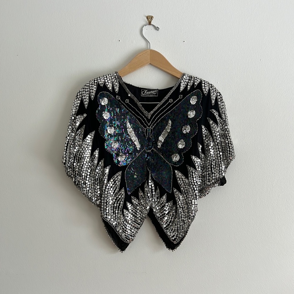 VINTAGE 70s Sequin Silk Butterfly Top